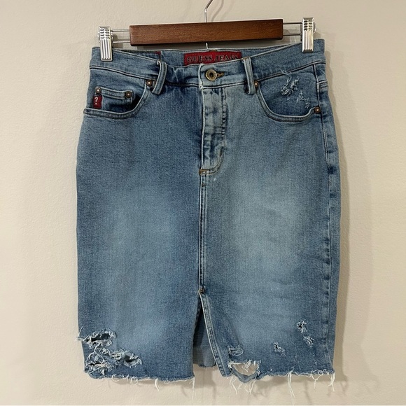 Vintage Guess Y2K Denim Jean Mini Distressed Stretch Skirt Women’s Size 28” - Picture 1 of 5